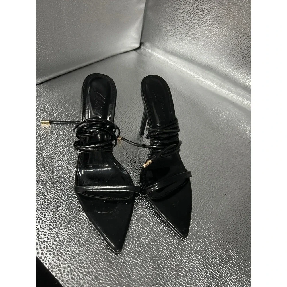 Liana Black Lace‎ Up Stiletto Heels Pointed Toe Wrap Around Sandals Size 38